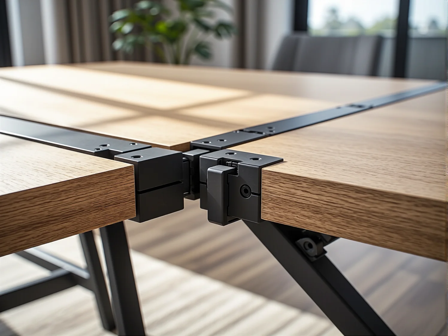 Kobieta łatwo składa drewniany stół w jadalni. Praktyczny stół składany idealny do małego mieszkania.