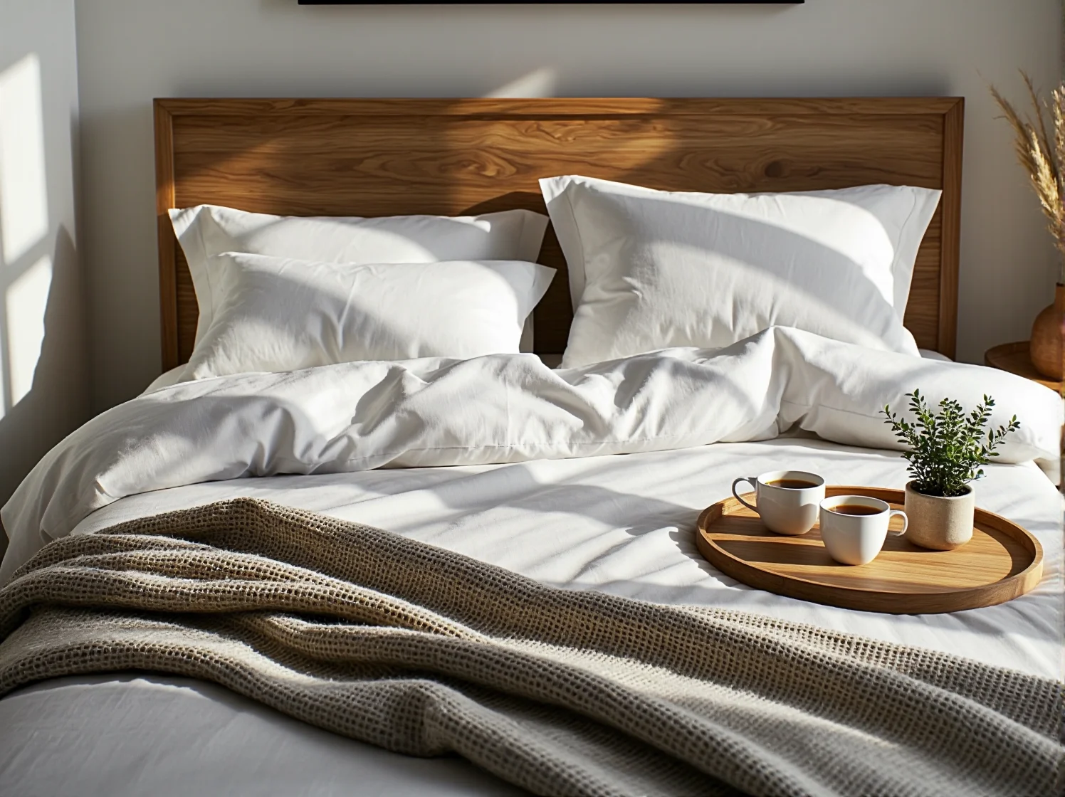 Warstwowe oświetlenie w sypialni scandi. Lampa podłogowa i sufitowa tworzą przytulny, nastrojowy klimat.