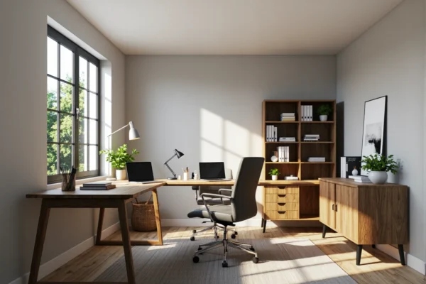 Narożne biurko dąb craft z kontenerkiem i regałem na dokumenty