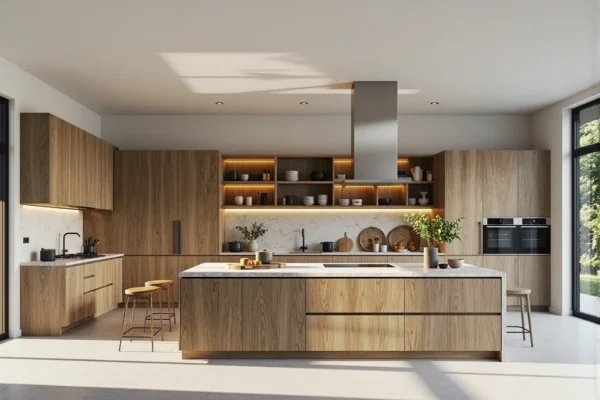 Nowoczesne meble kuchenne dąb naturalny z wyspą i oświetleniem LED