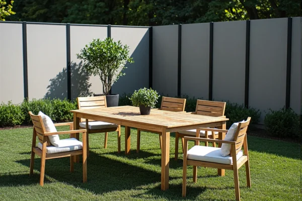 Minimalistyczny stół ogrodowy drewniany z czterema krzesłami