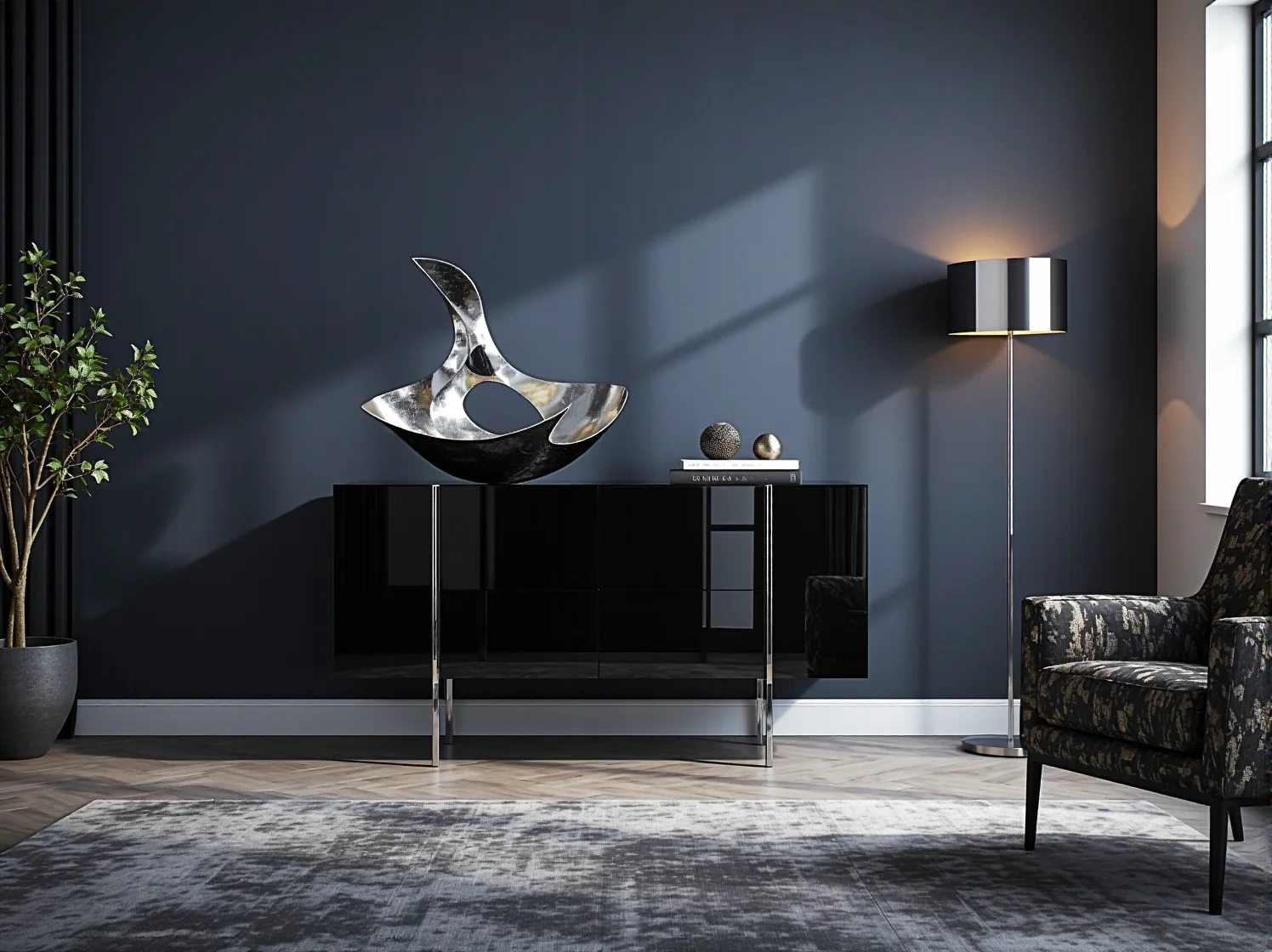 Aranżacja nowoczesnego wnętrza z komodą w stylu glamour, która łączy w sobie luksus i minimalizm.