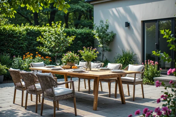 Drewniany stół ogrodowy z rattanowymi krzesłami i poduszkami