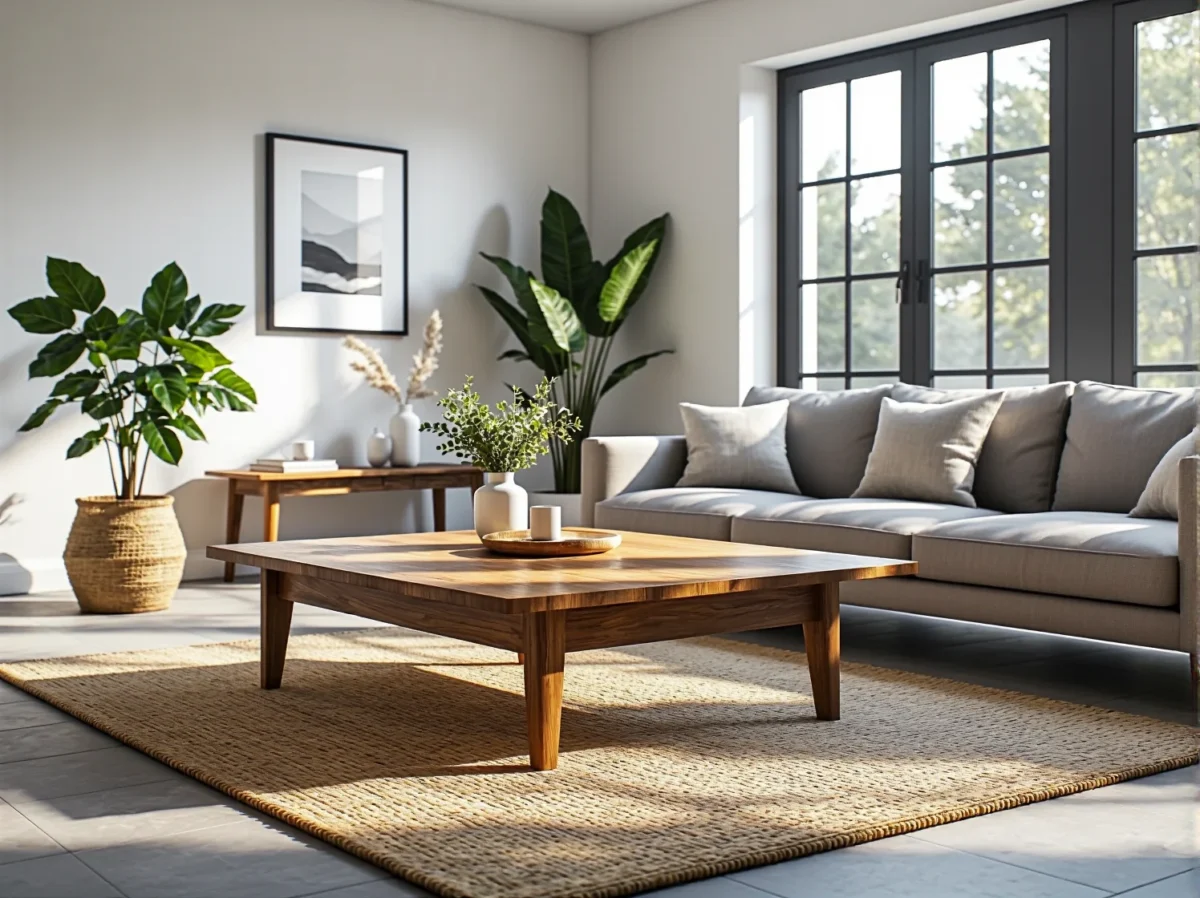 Drewniany stolik kawowy orzech z gładkim blatem i prostymi nogami