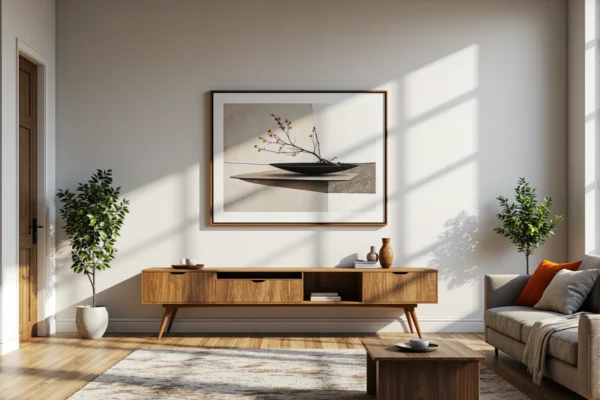 Niska szafka RTV orzech z szufladami na drewnianych nóżkach