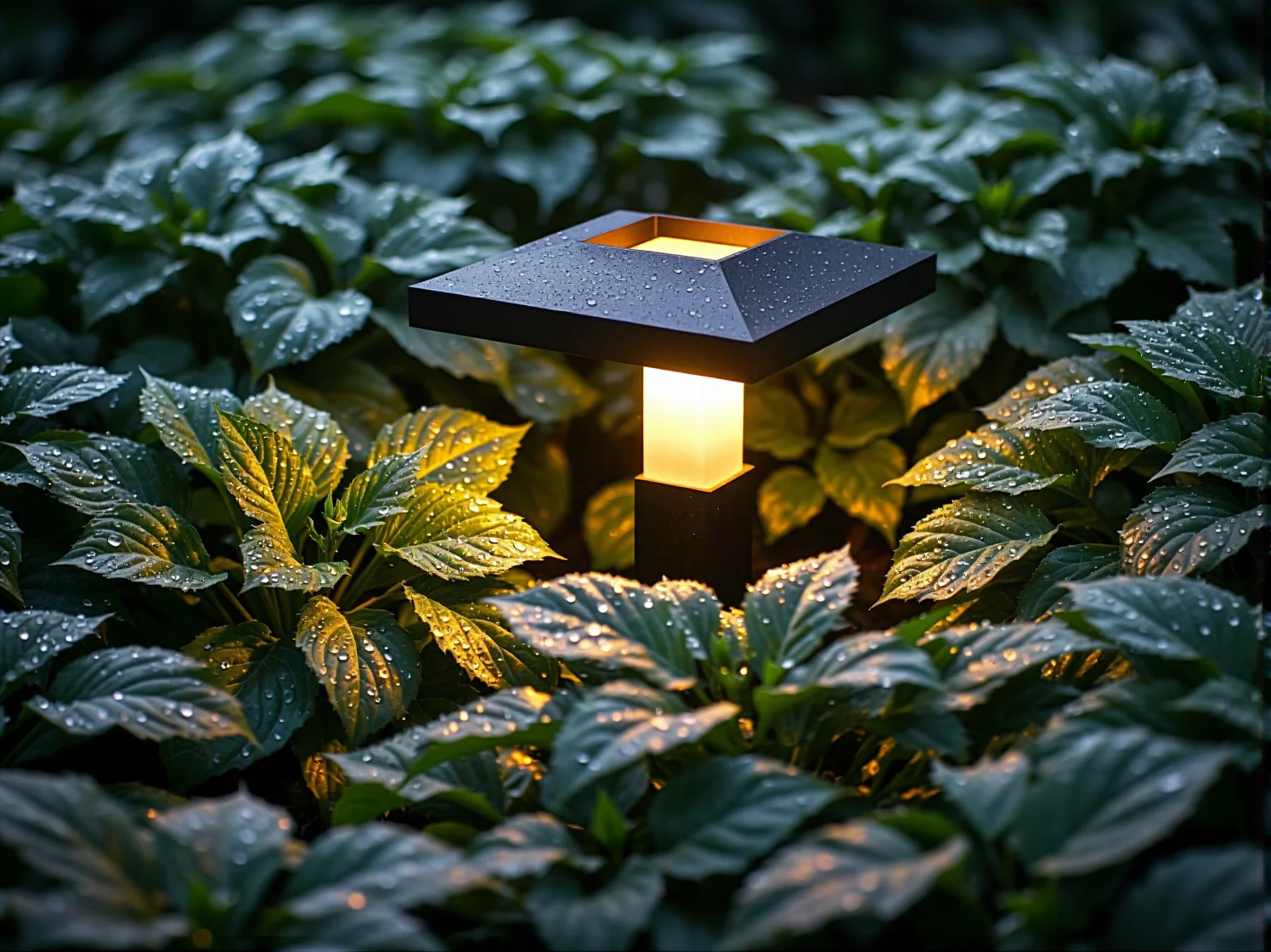 Nowoczesna lampa ogrodowa typu reflektor podświetlająca od dołu ozdobne drzewo, eksponując zieleń liści.