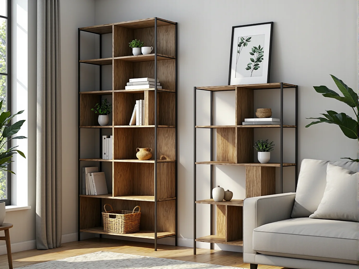 Regał modułowy użyty jako funkcjonalny mebel w domowym biurze, optymalizując miejsce do pracy na małej przestrzeni.