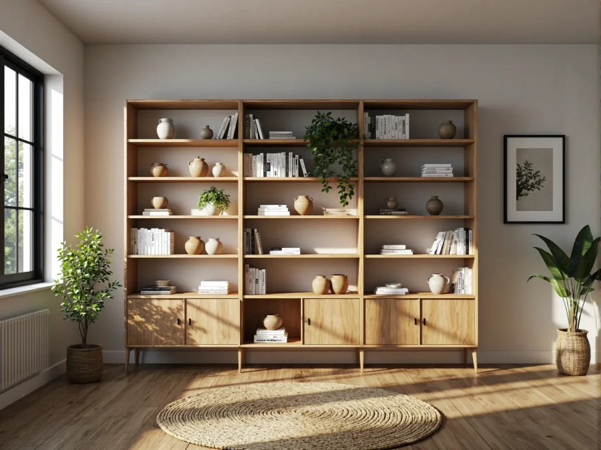 Duży regał na książki dąb naturalny z szafkami i otwartymi półkami