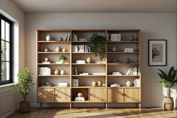 Duży regał na książki dąb naturalny z szafkami i otwartymi półkami
