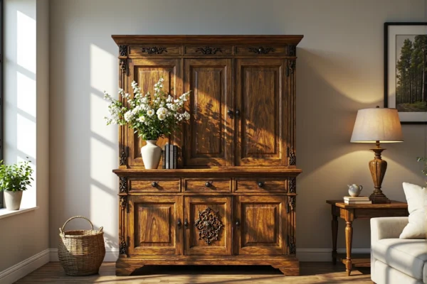 Klasyczny kredens drewniany orzechowy z rzeźbionymi zdobieniami i szufladami