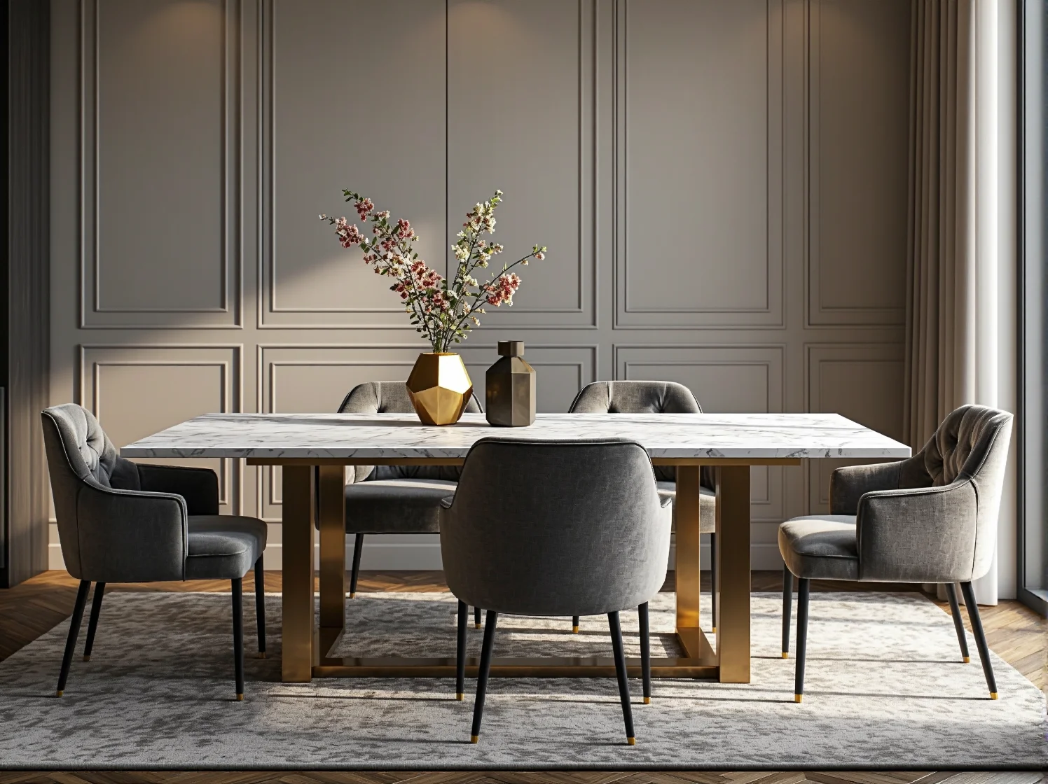 Elegancka sofa glamour i szklany stolik kawowy jako centralny punkt strefy wypoczynkowej w przestronnym open space.