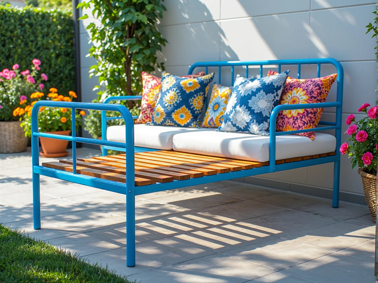 Kreatywne wykorzystanie starego łóżka jako oryginalna sofa w salonie. Pomysł na mebel wielofunkcyjny.