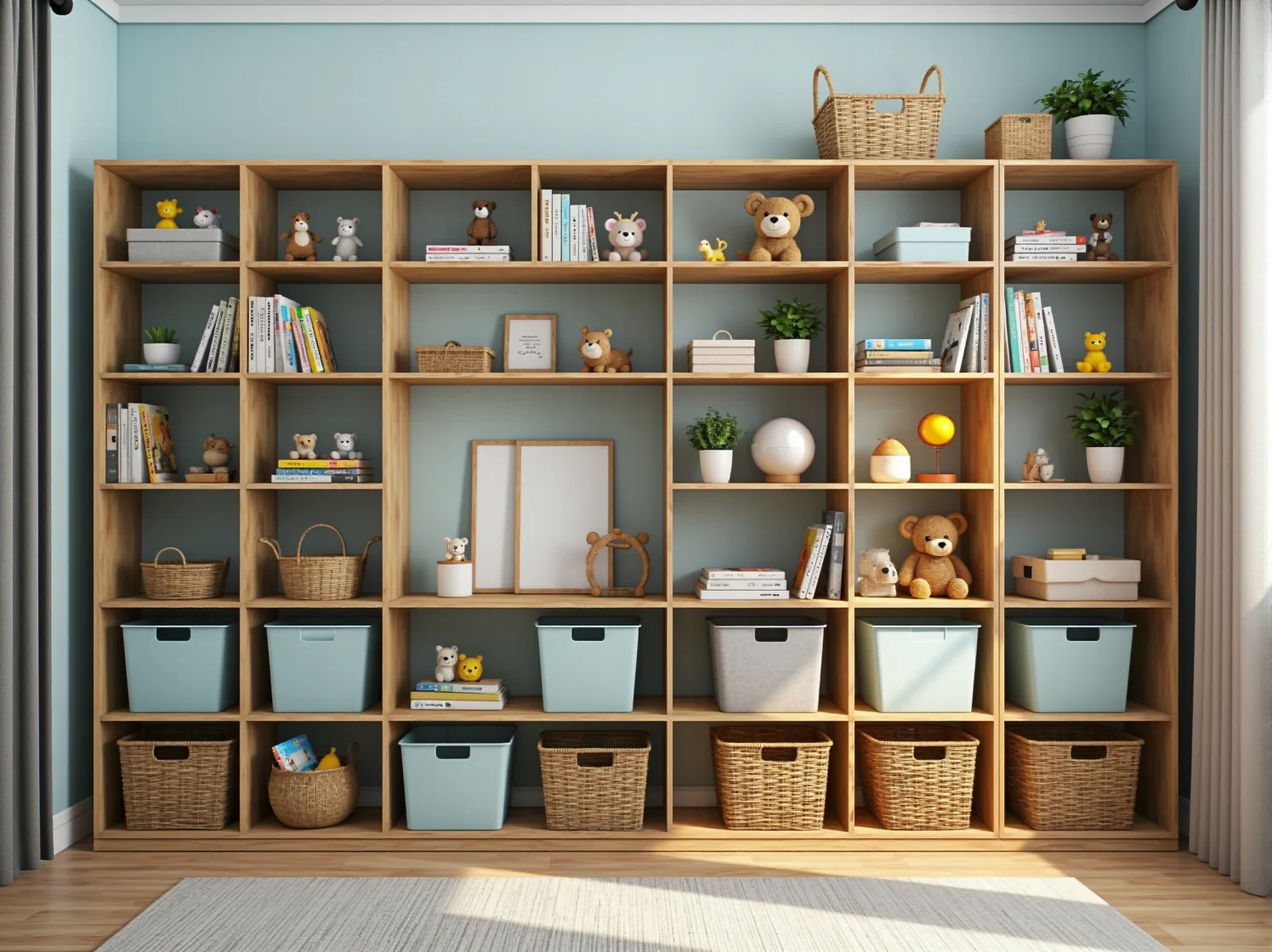 Sprytne meble do małego pokoju dziecięcego: wąskie biurko i wiszące organizery do nauki.