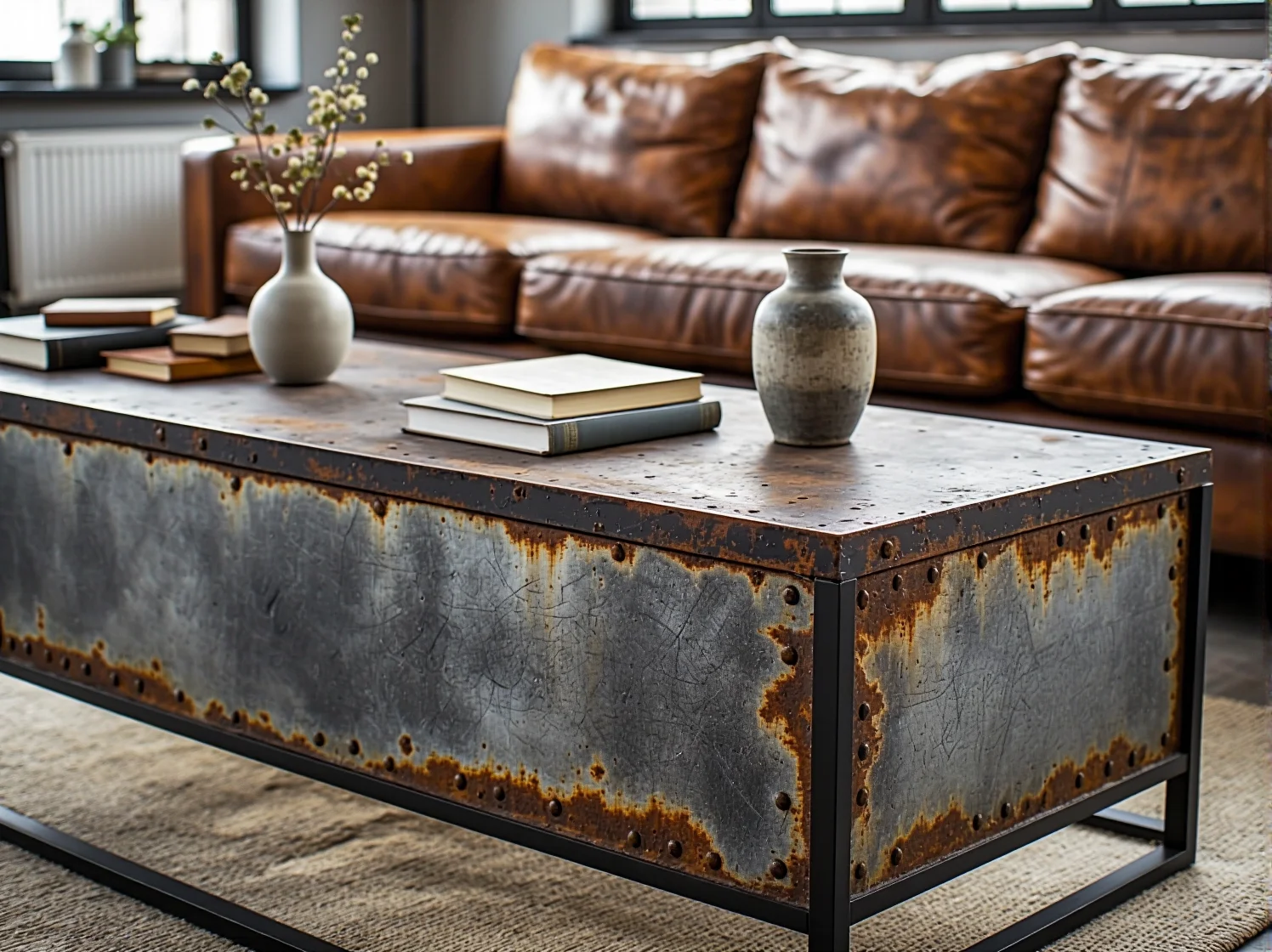 Stół do jadalni z drewna i metalu z recyklingu, otoczony czarnymi metalowymi krzesłami w surowym stylu.