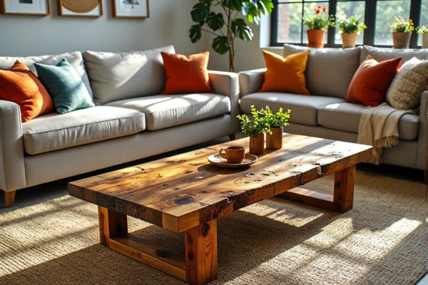 Stół kawowy z drewna z recyklingu z naturalnym słojami
