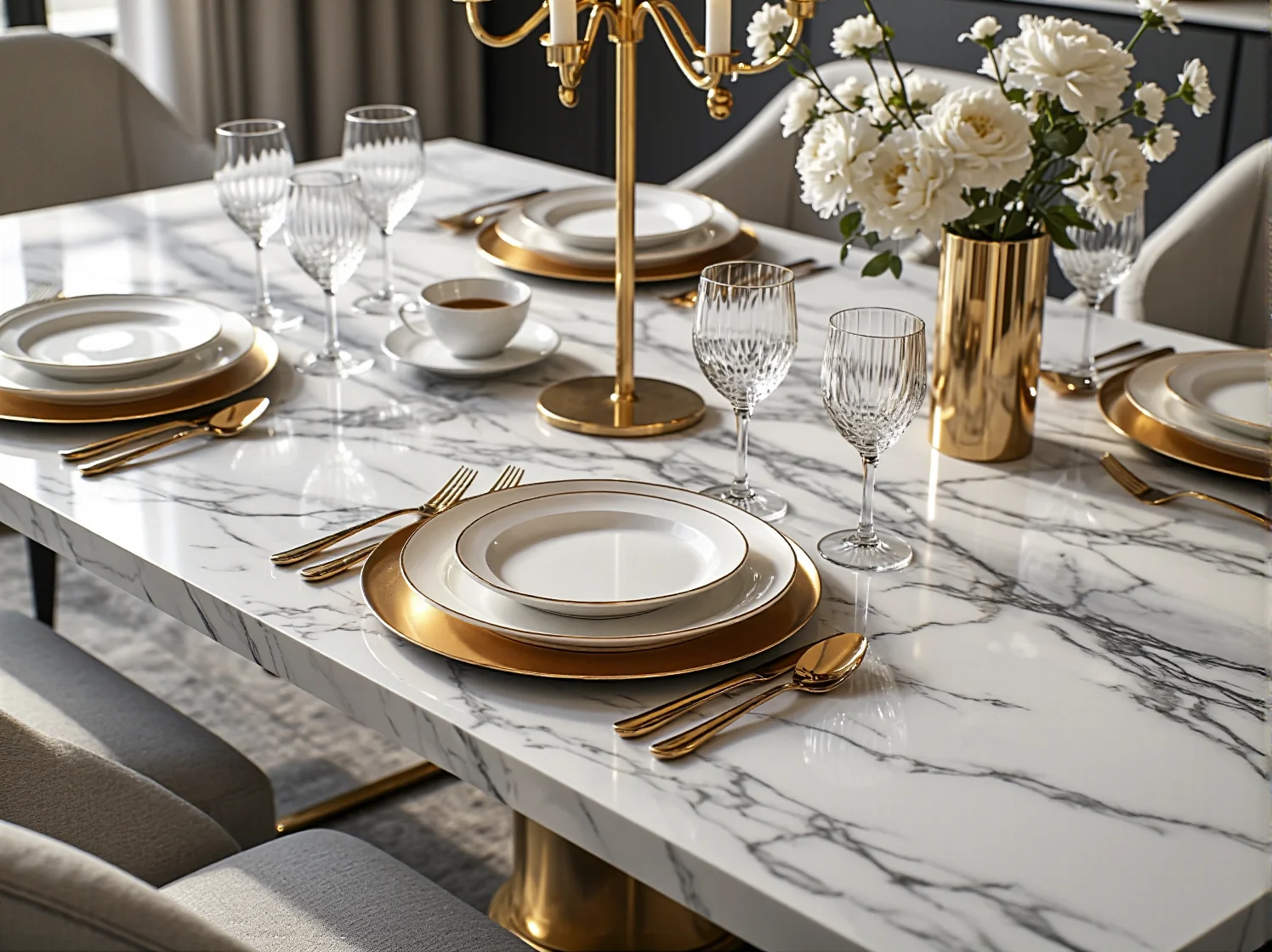 Luksusowy stół z białego marmuru w jadalni glamour, otoczony welurowymi krzesłami w kolorze butelkowej zieleni.