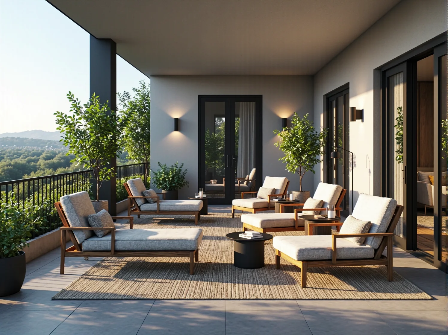 Aranżacja strefy jadalnianej na świeżym powietrzu na przestronnym tarasie hotelowym.