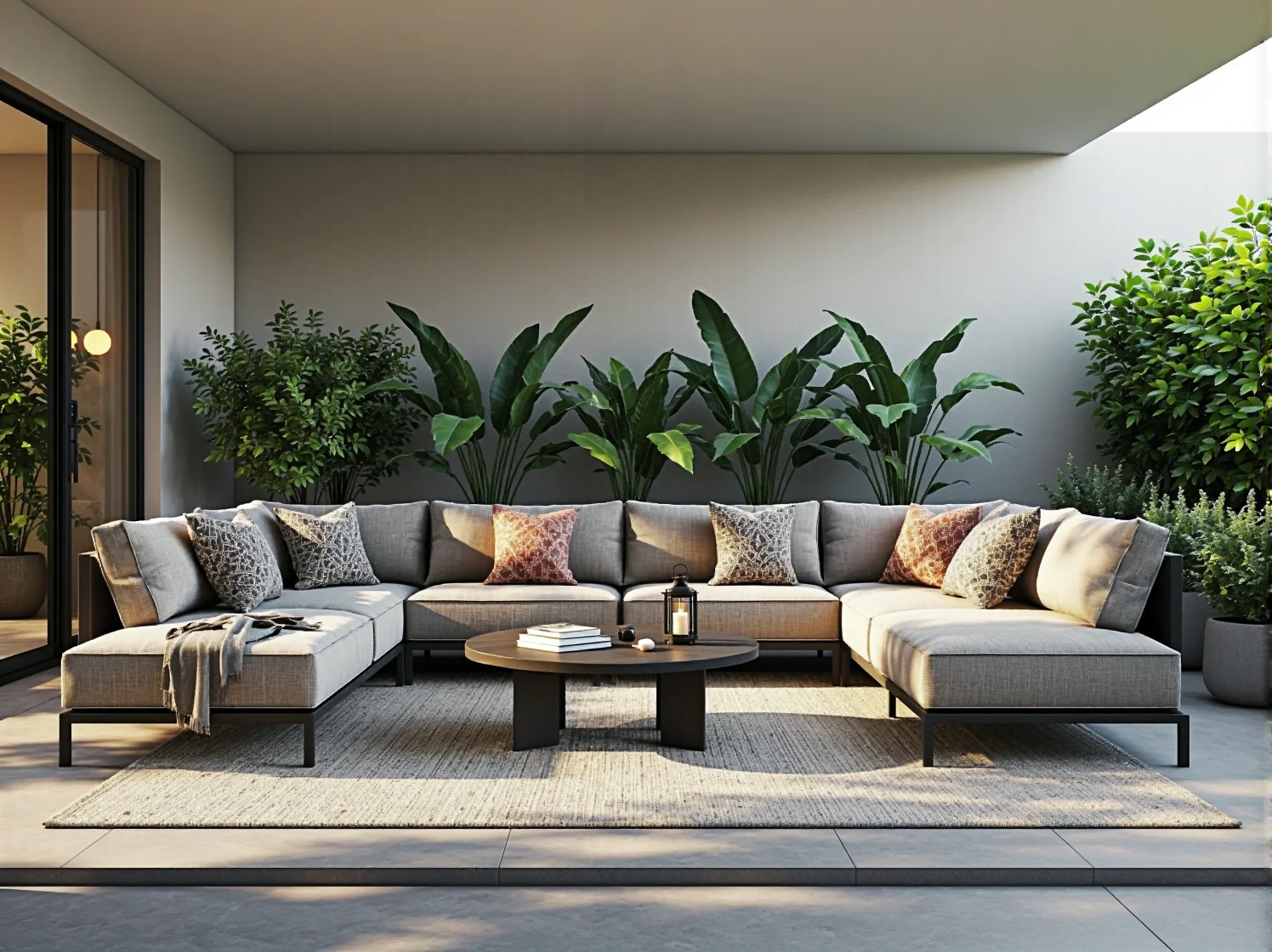 Strefa relaksu na tarasie z wygodną sofą i fotelami w nowoczesnym, minimalistycznym stylu.