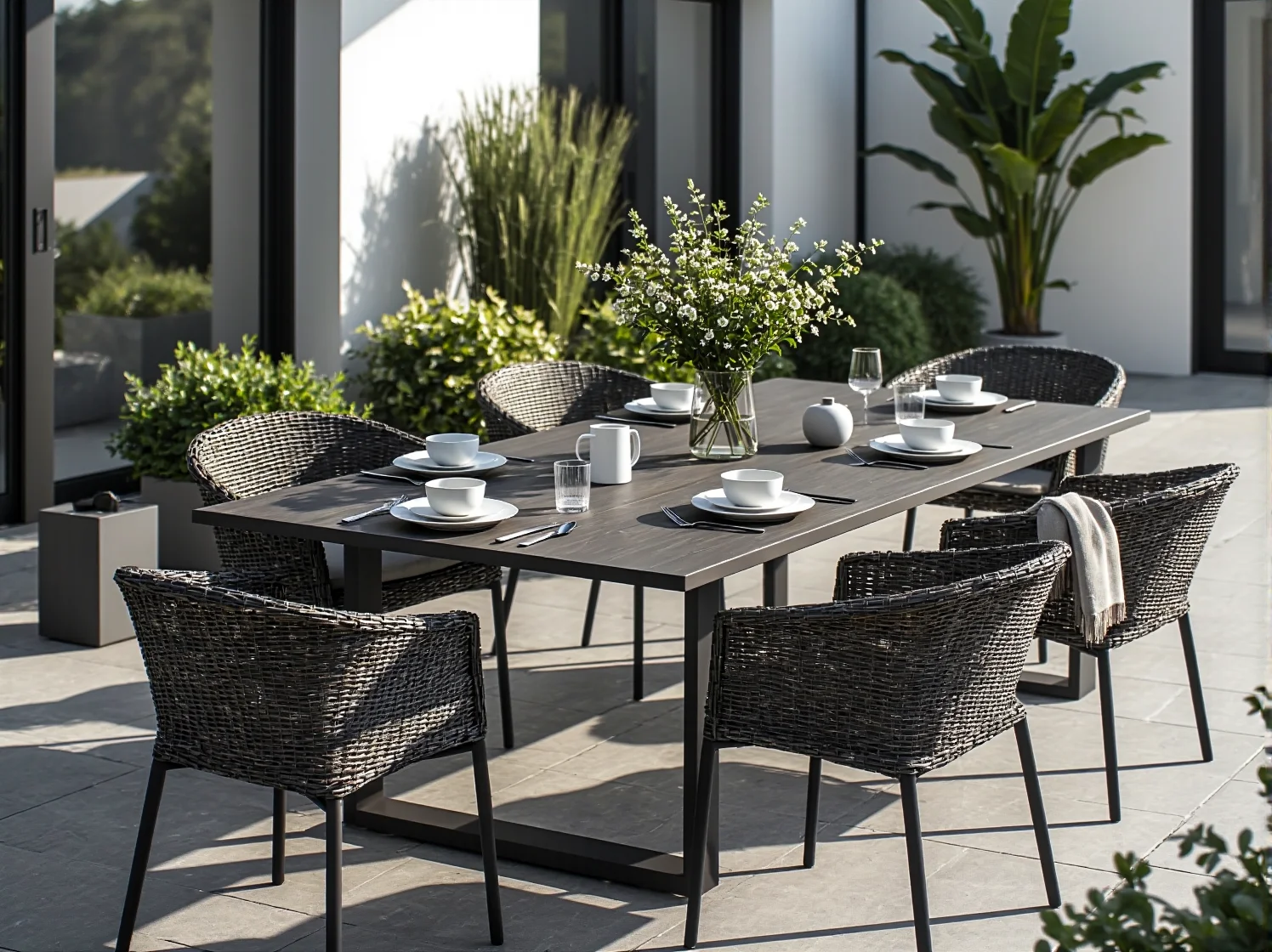 Stylowe dodatki i tekstylia, takie jak poduszki i lampiony, na tarasie hotelowym premium.