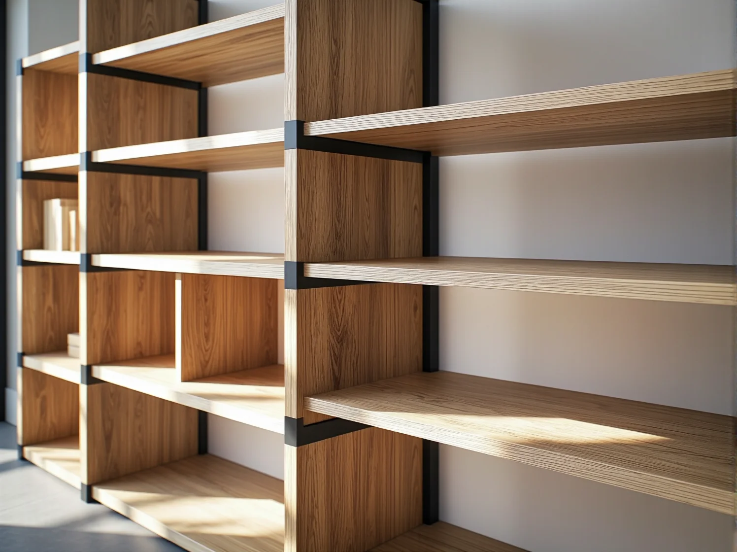 Zbliżenie na stylowy, minimalistyczny regał modułowy z książkami i rośliną, podkreślający estetykę mebla w małym wnętrzu.