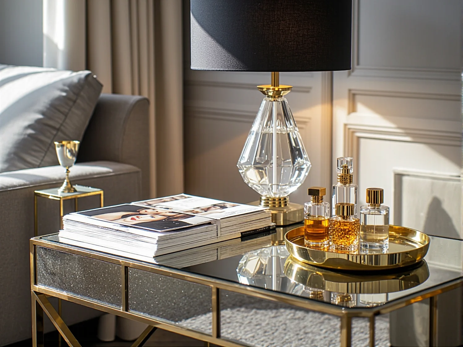 Luksusowa sypialnia glamour z pikowanym zagłówkiem i kryształowym żyrandolem, inspirująca aranżacja.