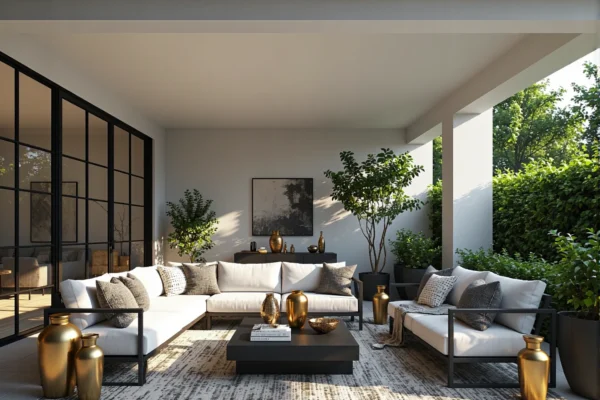 Narożnik ogrodowy biały ze złotymi akcentami i czarnym stelażem