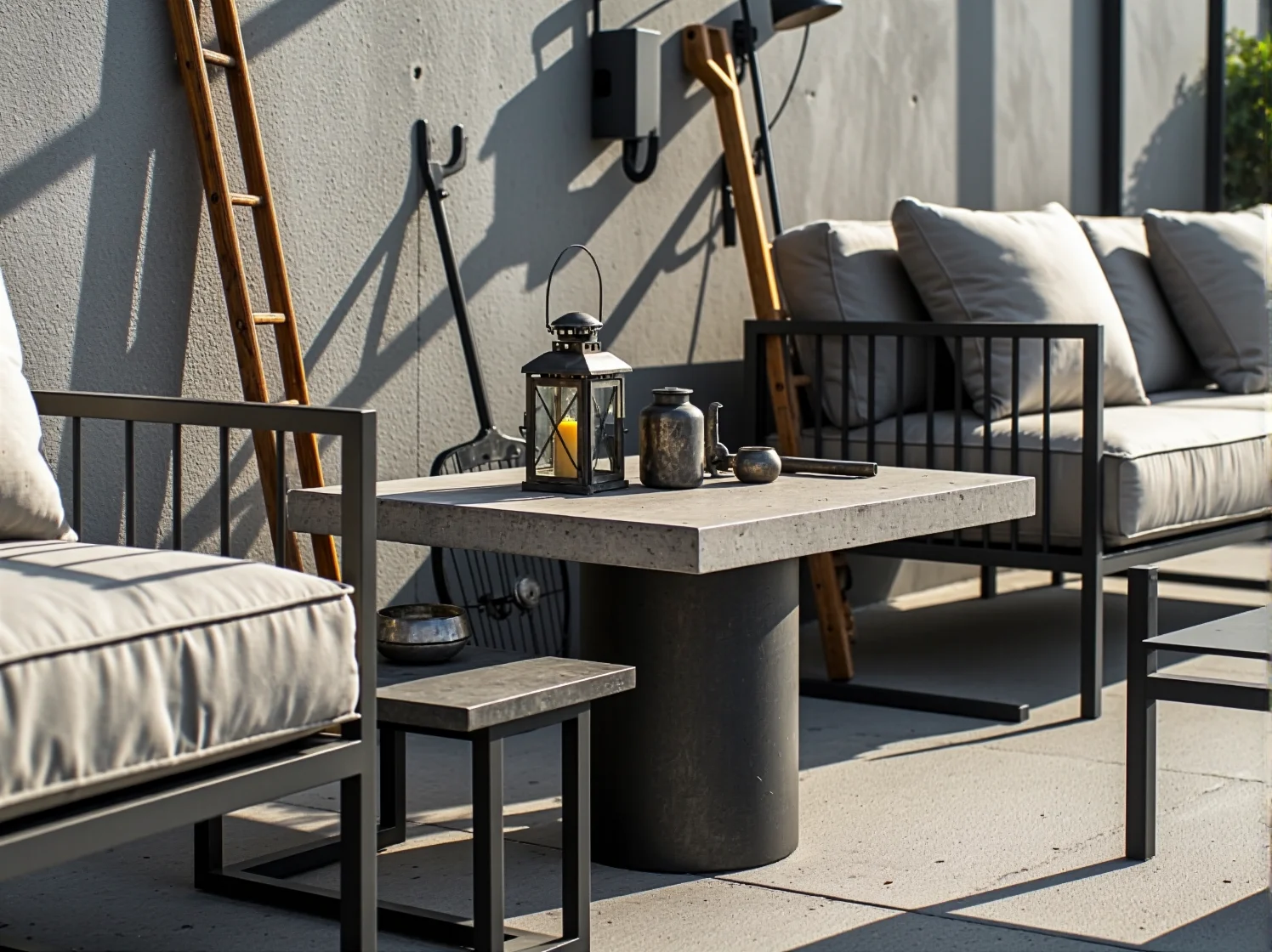 Szare poduszki i betonowe donice jako stylowe tekstylia i dodatki dopełniające industrialny charakter tarasu.