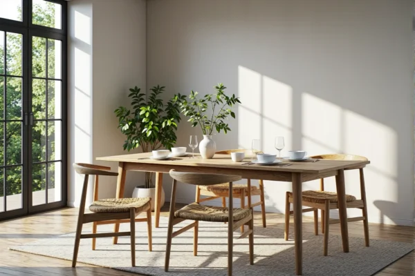 Drewniane krzesła skandynawskie z plecionymi siedziskami przy stole