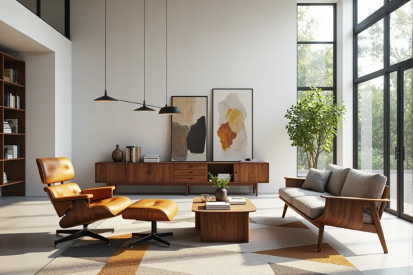 Fotel skórzany karmelowy z podnóżkiem w stylu mid-century modern