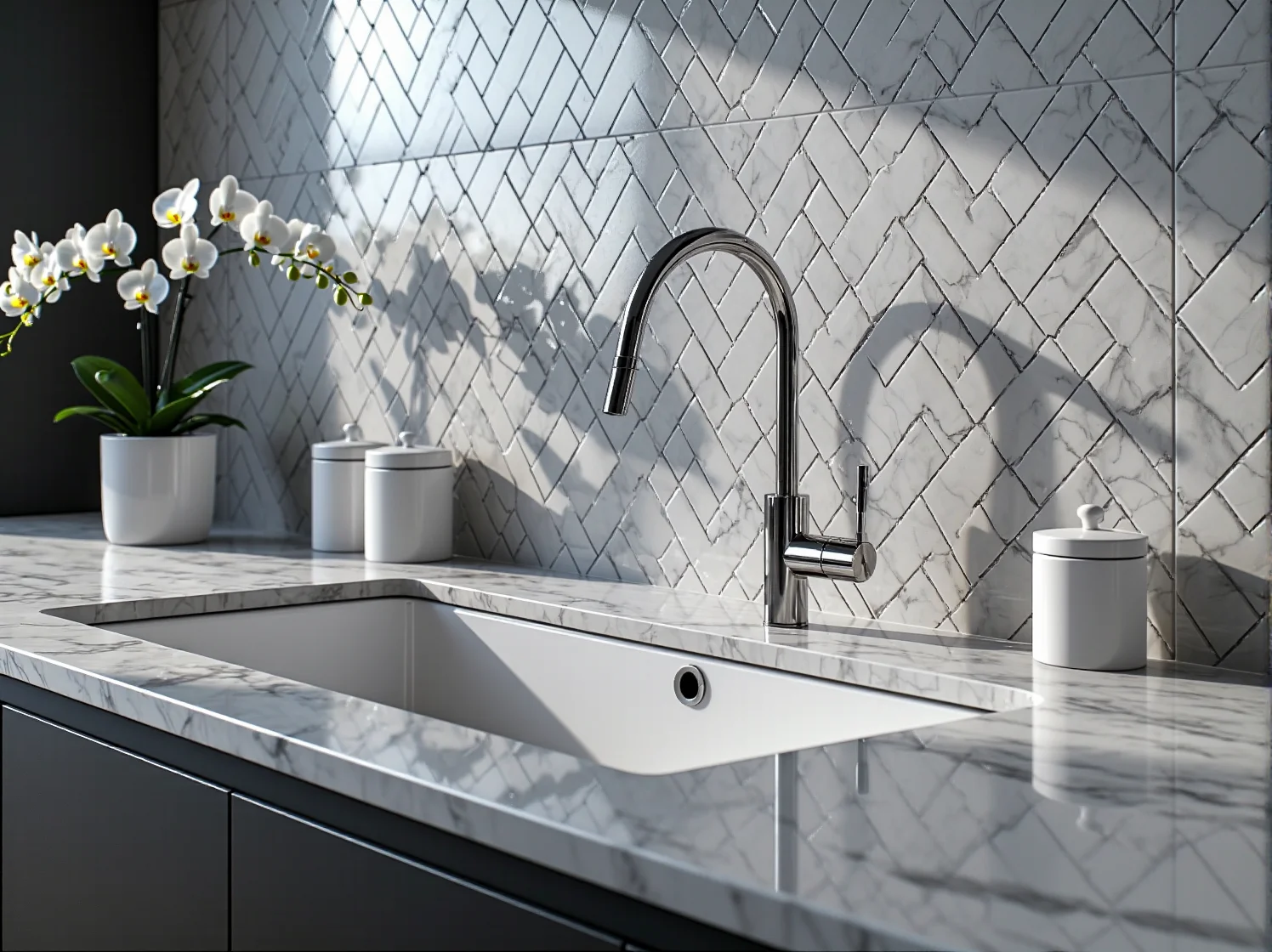 Wyspa kuchenna z marmurowym blatem w białej kuchni glamour, oświetlona kryształowym żyrandolem.