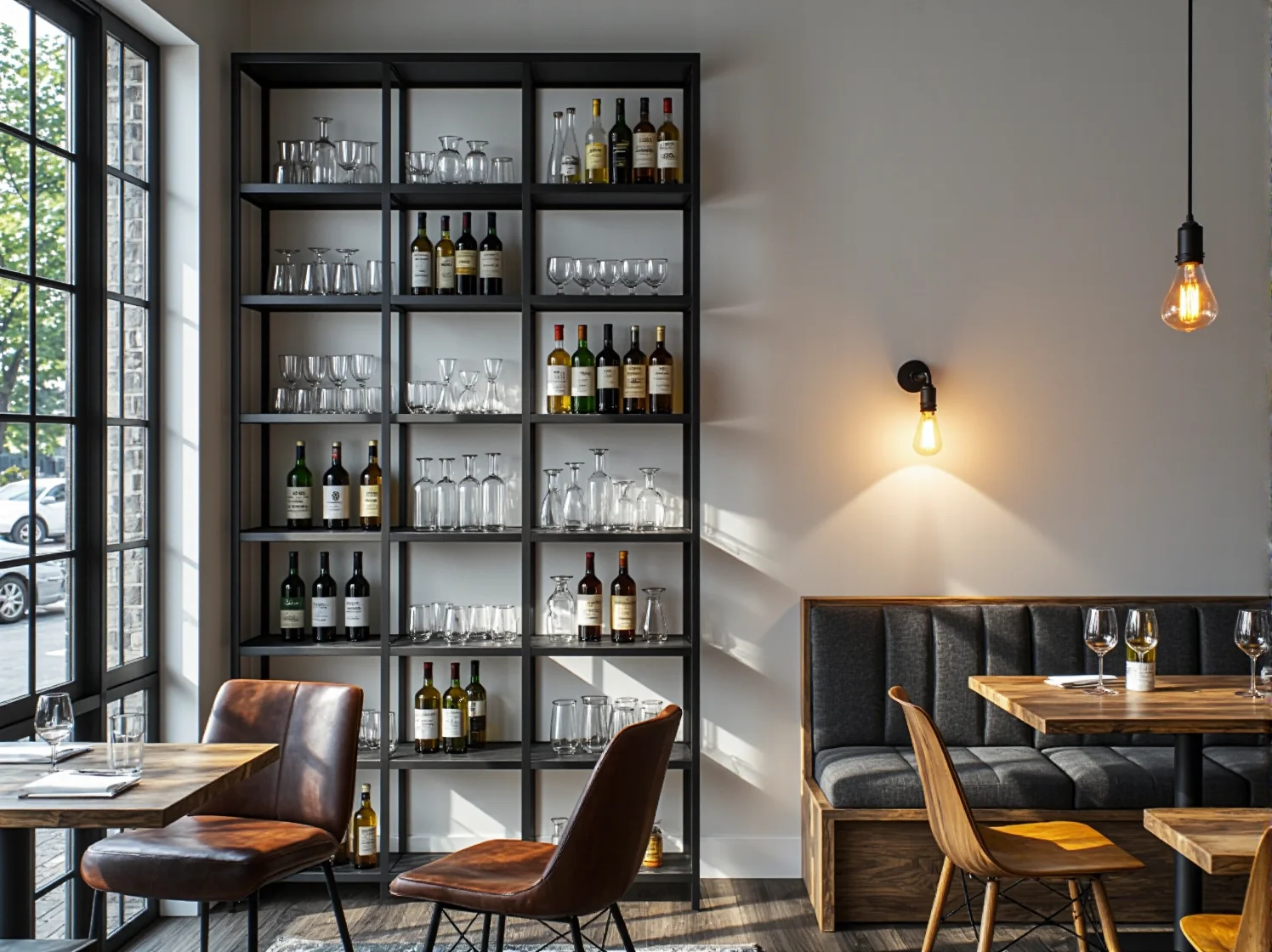 Aranżacja wnętrza restauracji industrialnej. Odsłonięta ceglana ściana i designerskie meble.