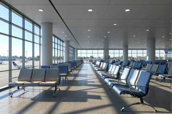 Niebieskie krzesła modułowe do poczekalni na metalowych nogach