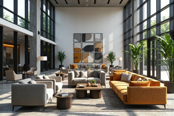 Nowoczesny zestaw wypoczynkowy szaro-pomarańczowy z sofami i fotelami