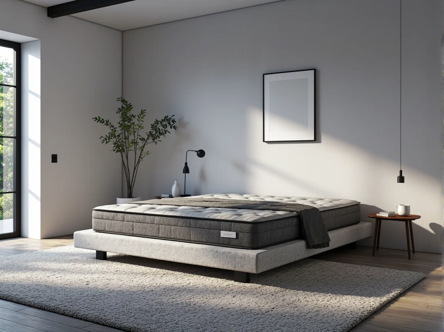 Kobieta budzi się rano wypoczęta i uśmiechnięta w łóżku, materac antyalergiczny zapewnia komfortowy sen bez kaszlu.