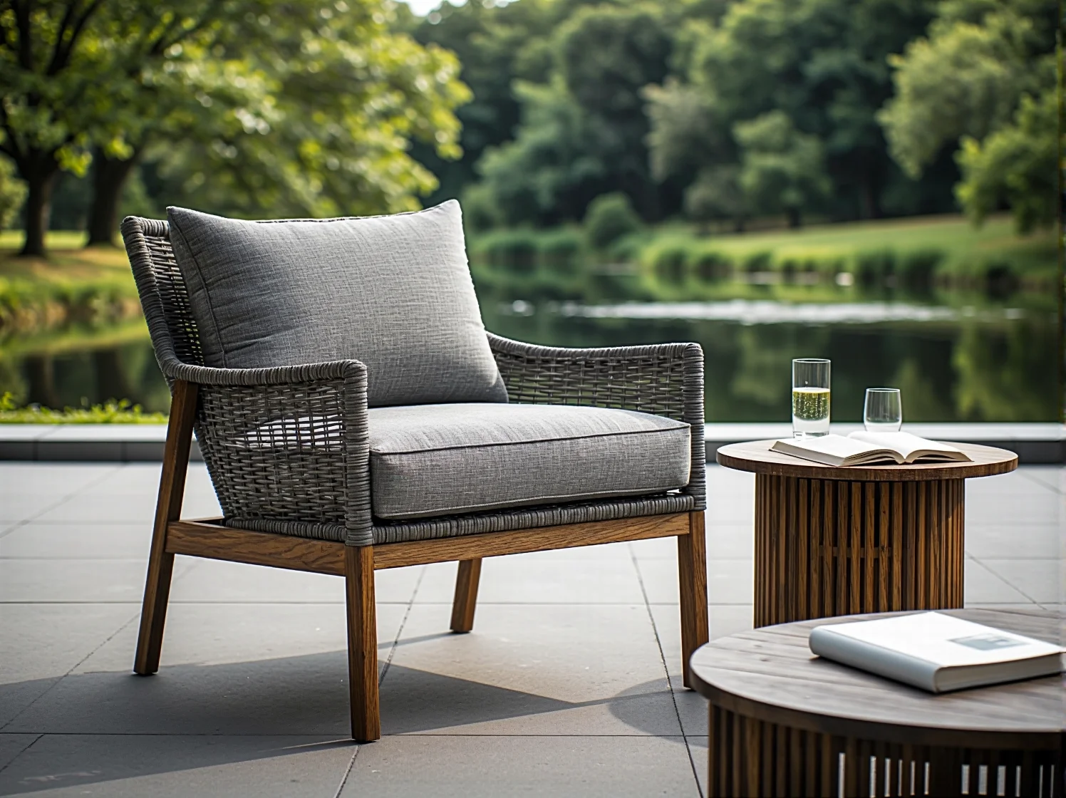 Wytrzymałe meble ogrodowe z technorattanu, odporne na wilgoć i słońce. Doskonały wybór do przestrzeni nad jeziorem.