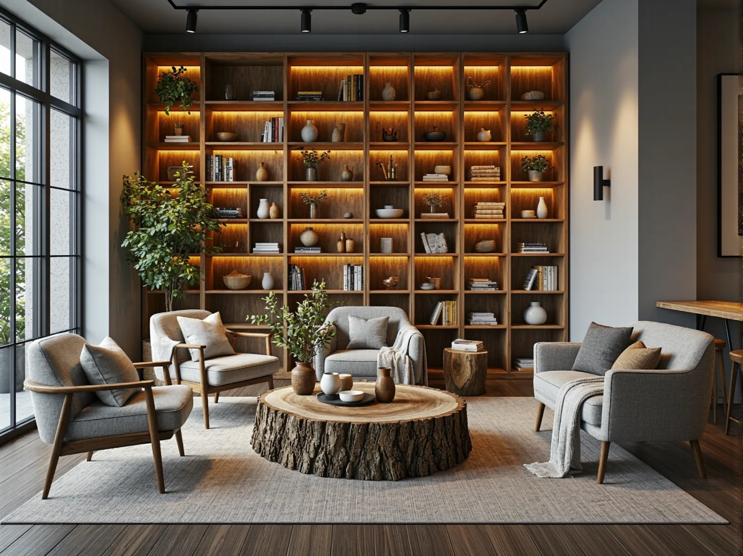 Stylowa restauracja z zieloną ścianą z mchu i meblami z naturalnych materiałów. Ekologiczne inspiracje.